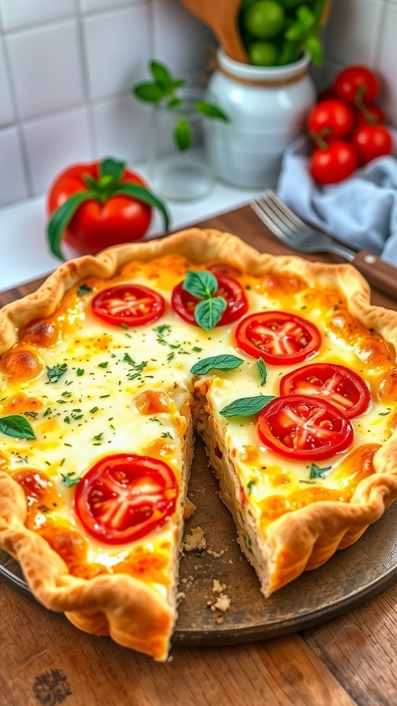 Three Cheese Tomato Quiche Recipe A golden-brown three cheese tomato quiche with fresh tomato slices and basil, served on a wooden table.